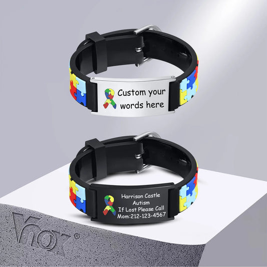 Custom Baby Name Bracelets for Boys & Girls - Personalized Autism Information Soft Silicone Wristbands