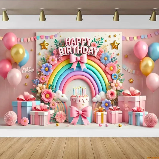 Pink Castle Birthday Backdrop – Rainbow Balloon Party Background for Girls' Photoshoots