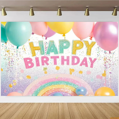 Pink Castle Birthday Backdrop – Rainbow Balloon Party Background for Girls' Photoshoots