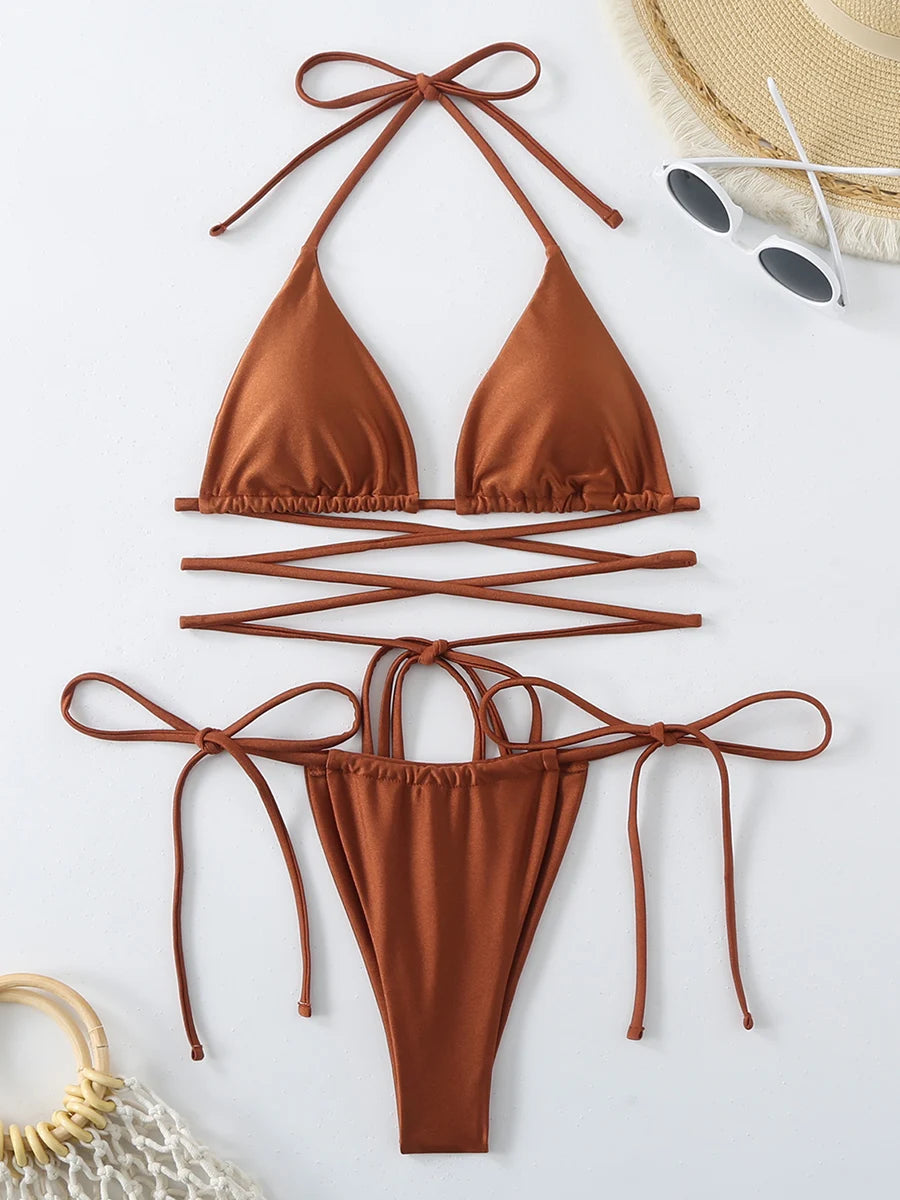 Criss-Cross Bandage Bikini Set – Lace-Up Thong 2-Piece Swimwear for Women