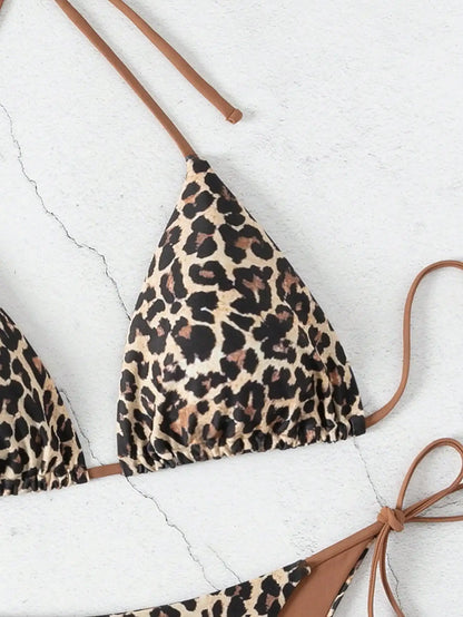 Leopard Print Suspender Bikini Set – Sexy Neck-Hanging Swimwear for Women
