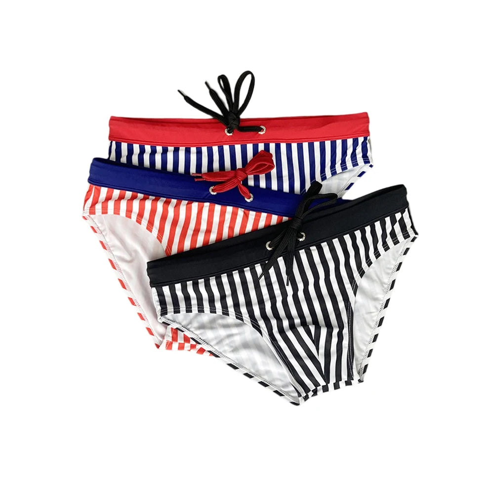 Sexy Men's Striped Swim Briefs - Quick Dry Low Waist Bikini Swimwear