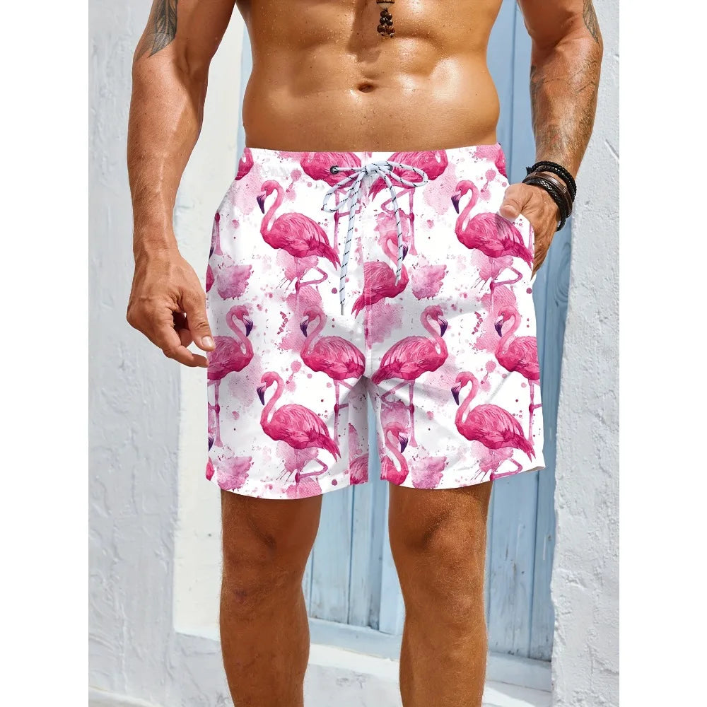 Men's Casual Beach Shorts - Quick-Dry Flamingo Print with Pockets