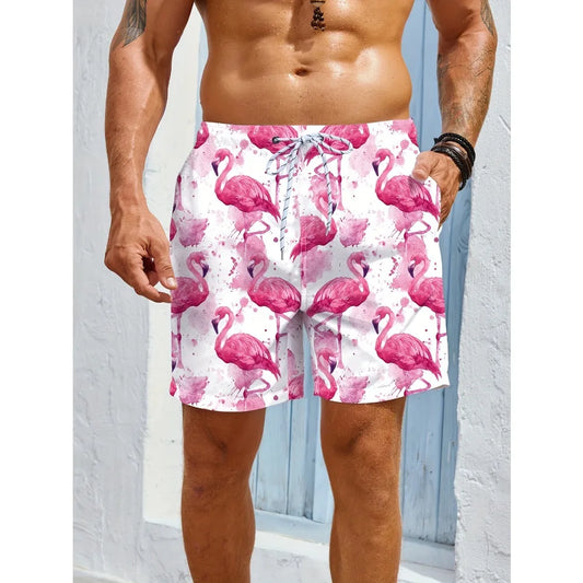 Men's Casual Beach Shorts - Quick-Dry Flamingo Print with Pockets