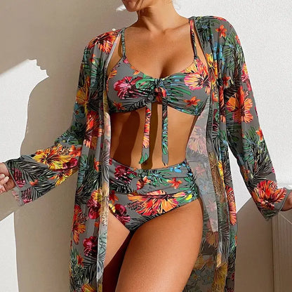 Floral 3-Piece Bikini Set with Mesh Blouse – High Waist, Bra Top with Pad for Women