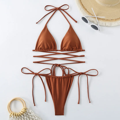 Criss-Cross Bandage Bikini Set – Lace-Up Thong 2-Piece Swimwear for Women