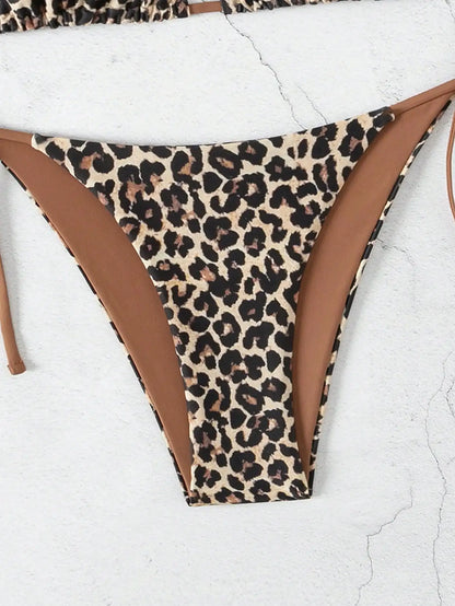 Leopard Print Suspender Bikini Set – Sexy Neck-Hanging Swimwear for Women