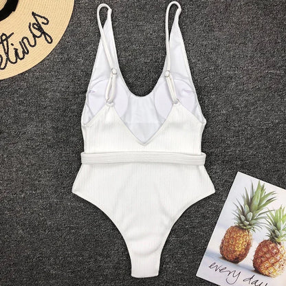 Sexy V-Neck One-Piece Monokini Swimsuit – White Beach Bodysuit for Women