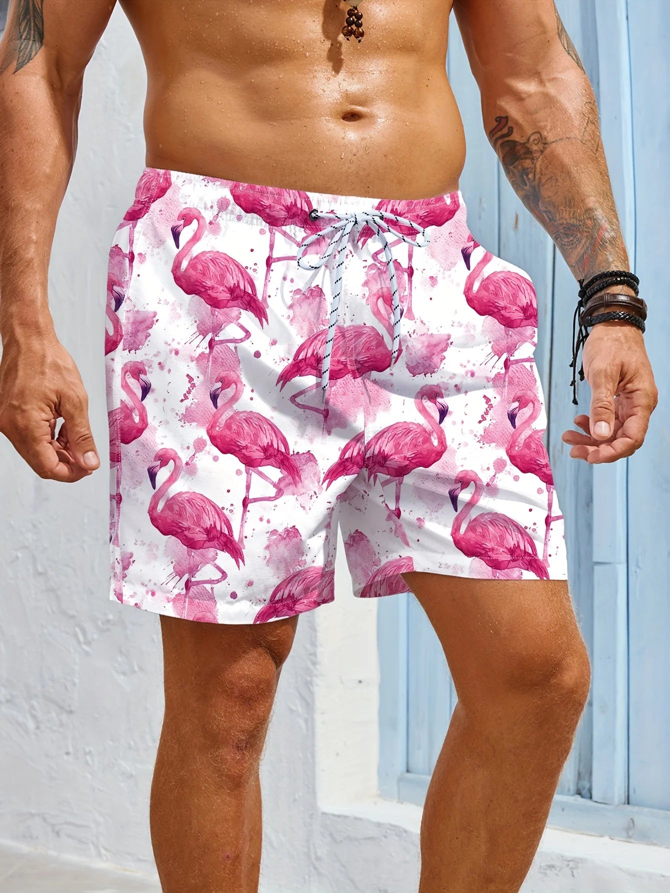 Men's Casual Beach Shorts - Quick-Dry Flamingo Print with Pockets
