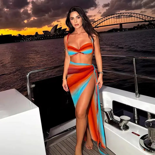 Sexy 3-Piece Gradient Bikini Set with Cover-Up Skirt – Push-Up, High Waist