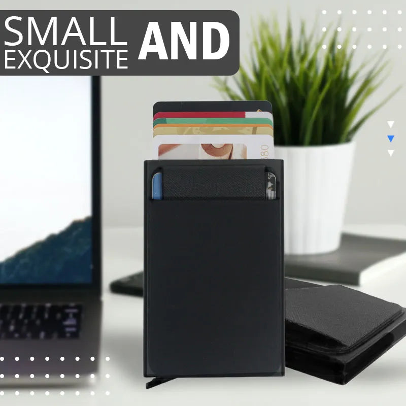 Slim Aluminum Wallet With Elastic Back Pouch ID Credit Card Holder Mini RFID Wallet Automatic Pop up Bank Card Case