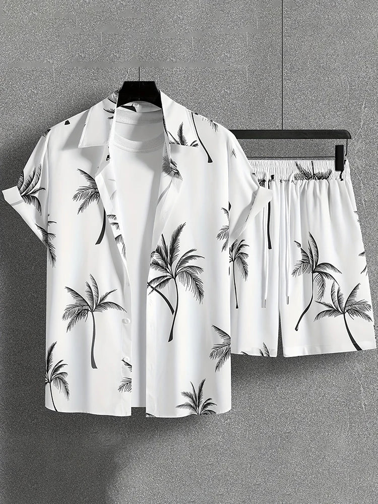Men’s Hawaiian Coconut Tree Shirt & Shorts Set – Beach Style 2-Piece Outfit