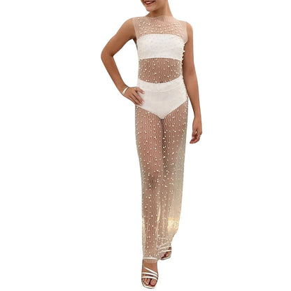 Women's Sheer Mesh Pearl Cover-Up Dress – Sleeveless, Long, Beachwear