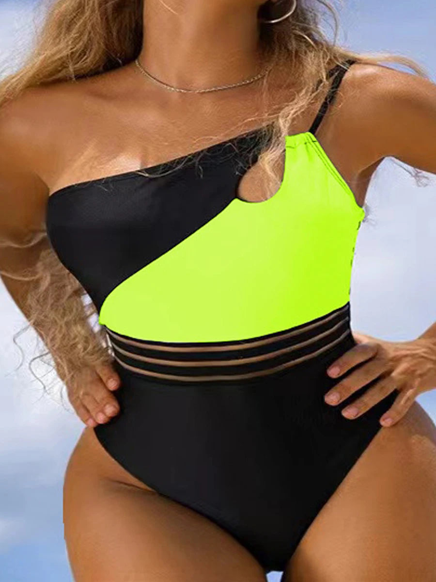 One Shoulder Cut-Out Bikini Bodysuit – Patchwork Swimwear for Women