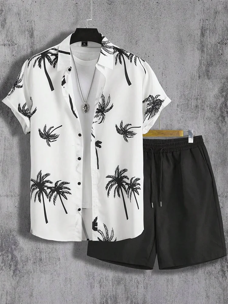 Men’s Hawaiian Coconut Tree Shirt & Shorts Set – Beach Style 2-Piece Outfit