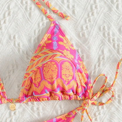 Boho Floral Bikini Set – Halter Neck, Low-Rise Bathing Suit for Women