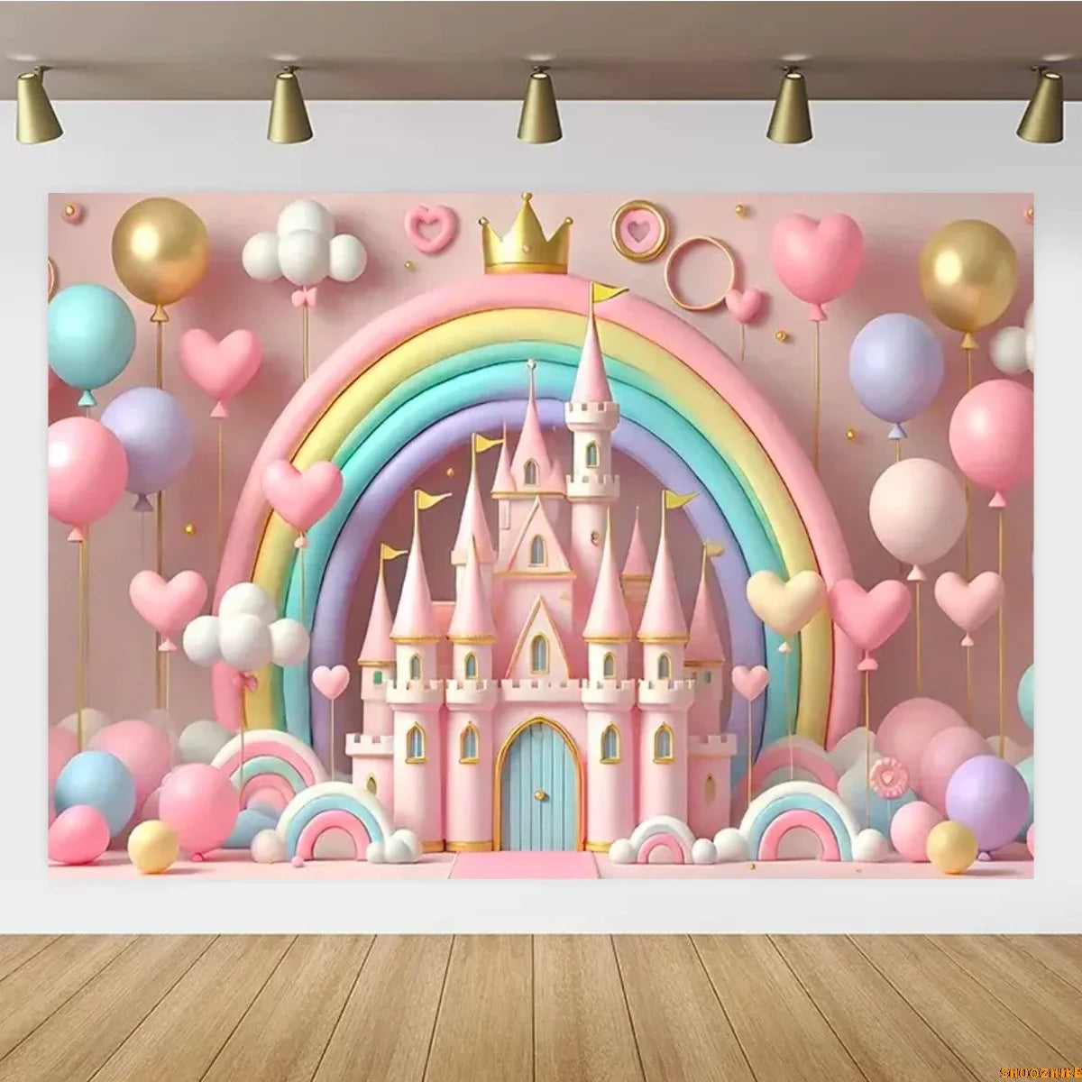 Pink Castle Birthday Backdrop – Rainbow Balloon Party Background for Girls' Photoshoots