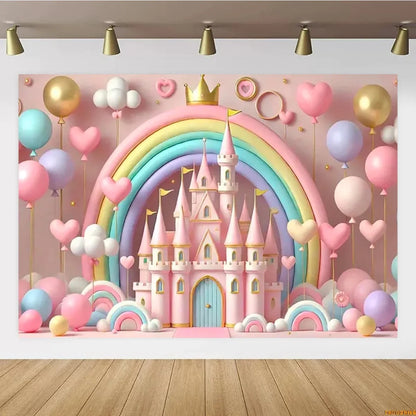 Pink Castle Birthday Backdrop – Rainbow Balloon Party Background for Girls' Photoshoots