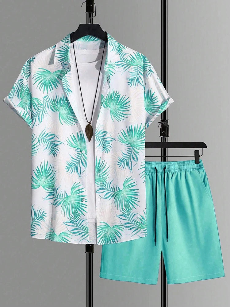 Men’s Hawaiian Coconut Tree Shirt & Shorts Set – Beach Style 2-Piece Outfit