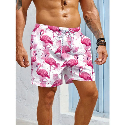 Men's Casual Beach Shorts - Quick-Dry Flamingo Print with Pockets