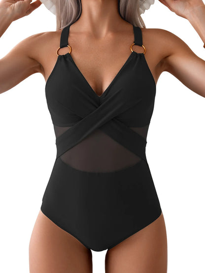 Plain Ruched One-Piece Swimsuit – Ring Link Swimwear for Women