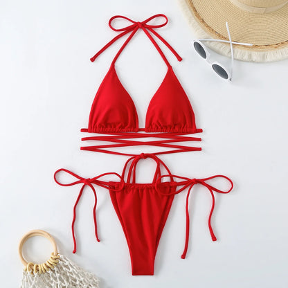 Criss-Cross Bandage Bikini Set – Lace-Up Thong 2-Piece Swimwear for Women