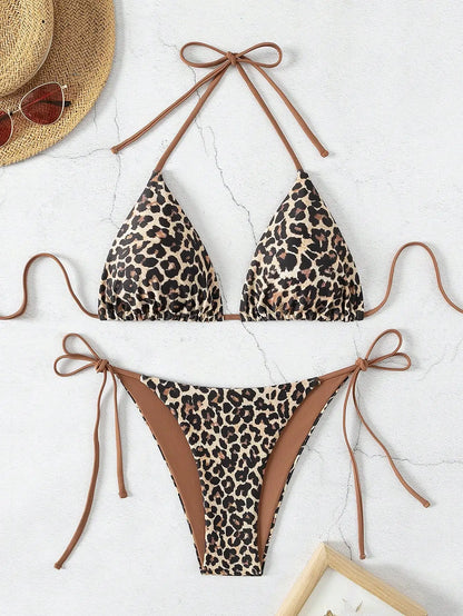 Leopard Print Suspender Bikini Set – Sexy Neck-Hanging Swimwear for Women