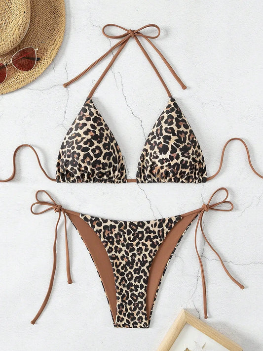 Leopard Print Suspender Bikini Set – Sexy Neck-Hanging Swimwear for Women