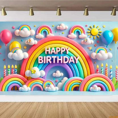 Pink Castle Birthday Backdrop – Rainbow Balloon Party Background for Girls' Photoshoots