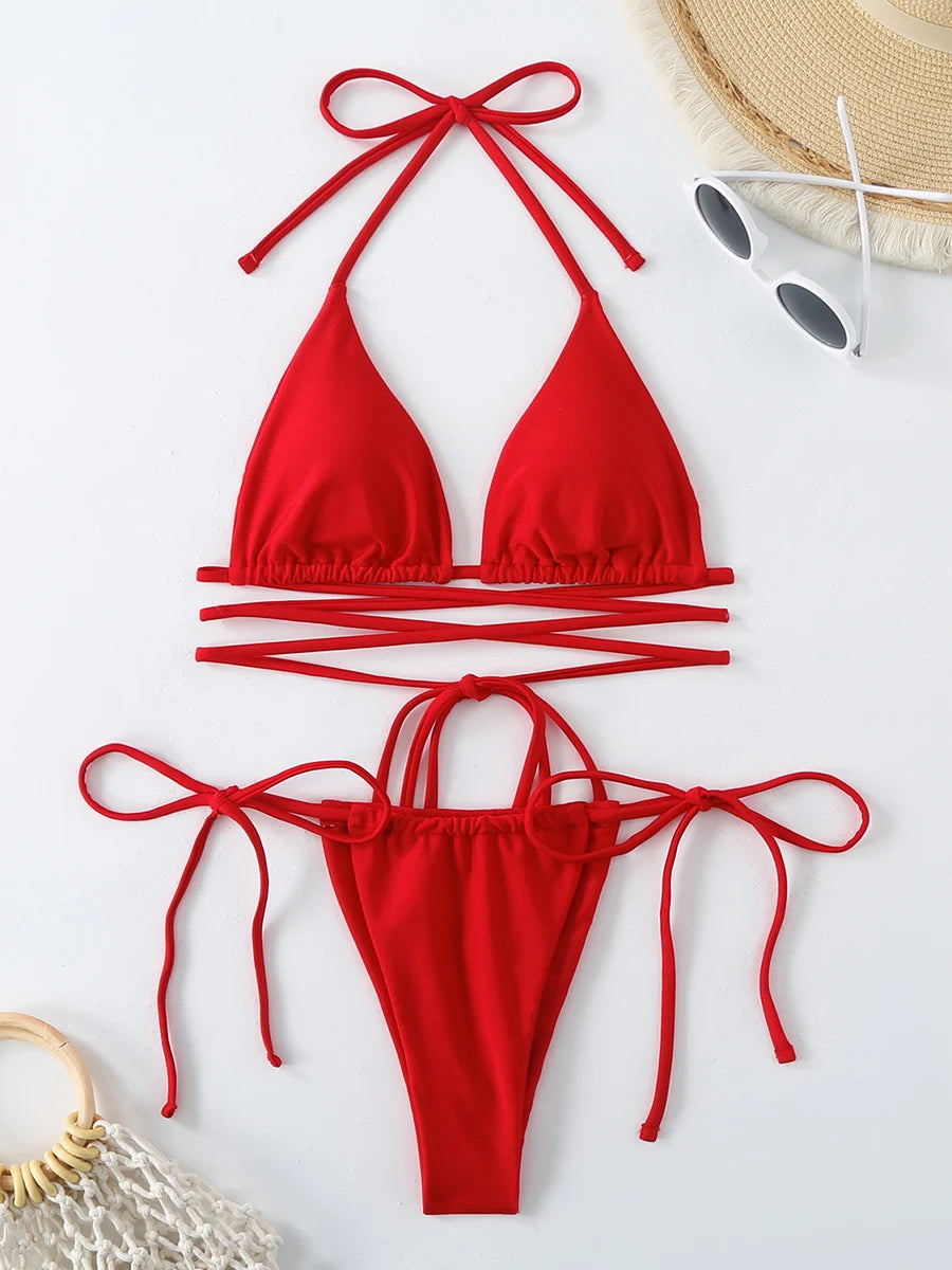 Criss-Cross Bandage Bikini Set – Lace-Up Thong 2-Piece Swimwear for Women