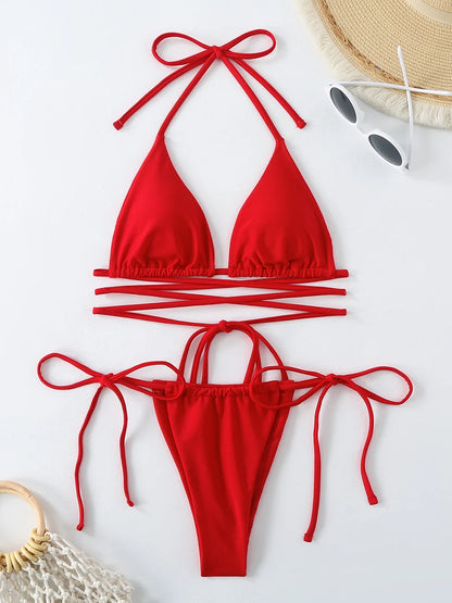 Criss-Cross Bandage Bikini Set – Lace-Up Thong 2-Piece Swimwear for Women