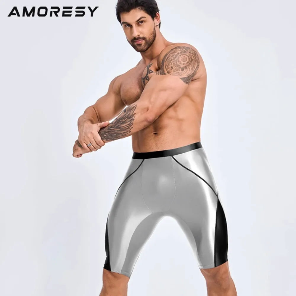 AMORESY Men's Casual Fitness Five-Quarter Shorts - Cycling & Wrestling Satin Glossy Pants