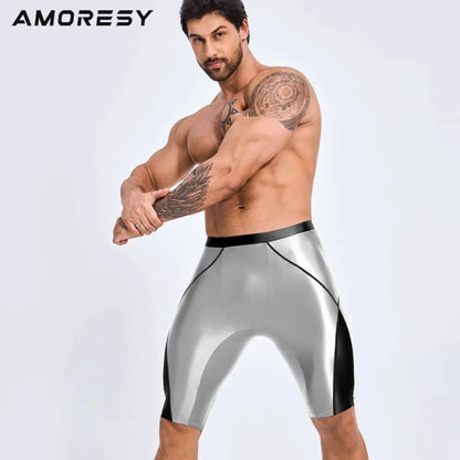 AMORESY Men's Casual Fitness Five-Quarter Shorts - Cycling & Wrestling Satin Glossy Pants