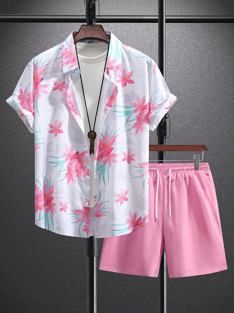 Men’s Hawaiian Coconut Tree Shirt & Shorts Set – Beach Style 2-Piece Outfit