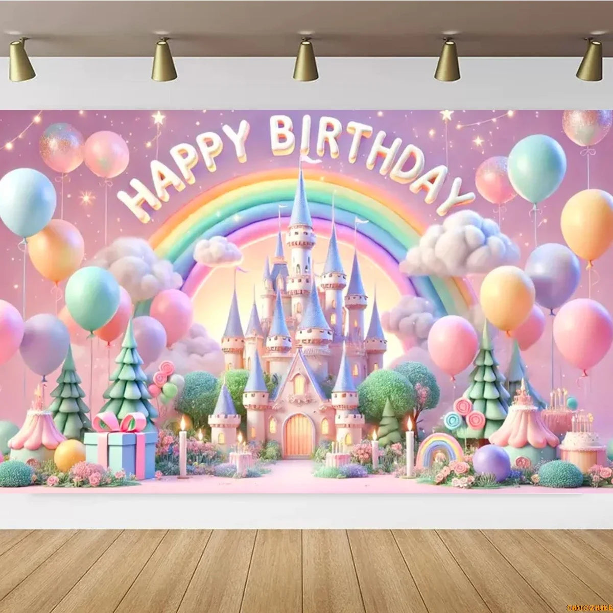 Pink Castle Birthday Backdrop – Rainbow Balloon Party Background for Girls' Photoshoots