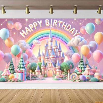 Pink Castle Birthday Backdrop – Rainbow Balloon Party Background for Girls' Photoshoots