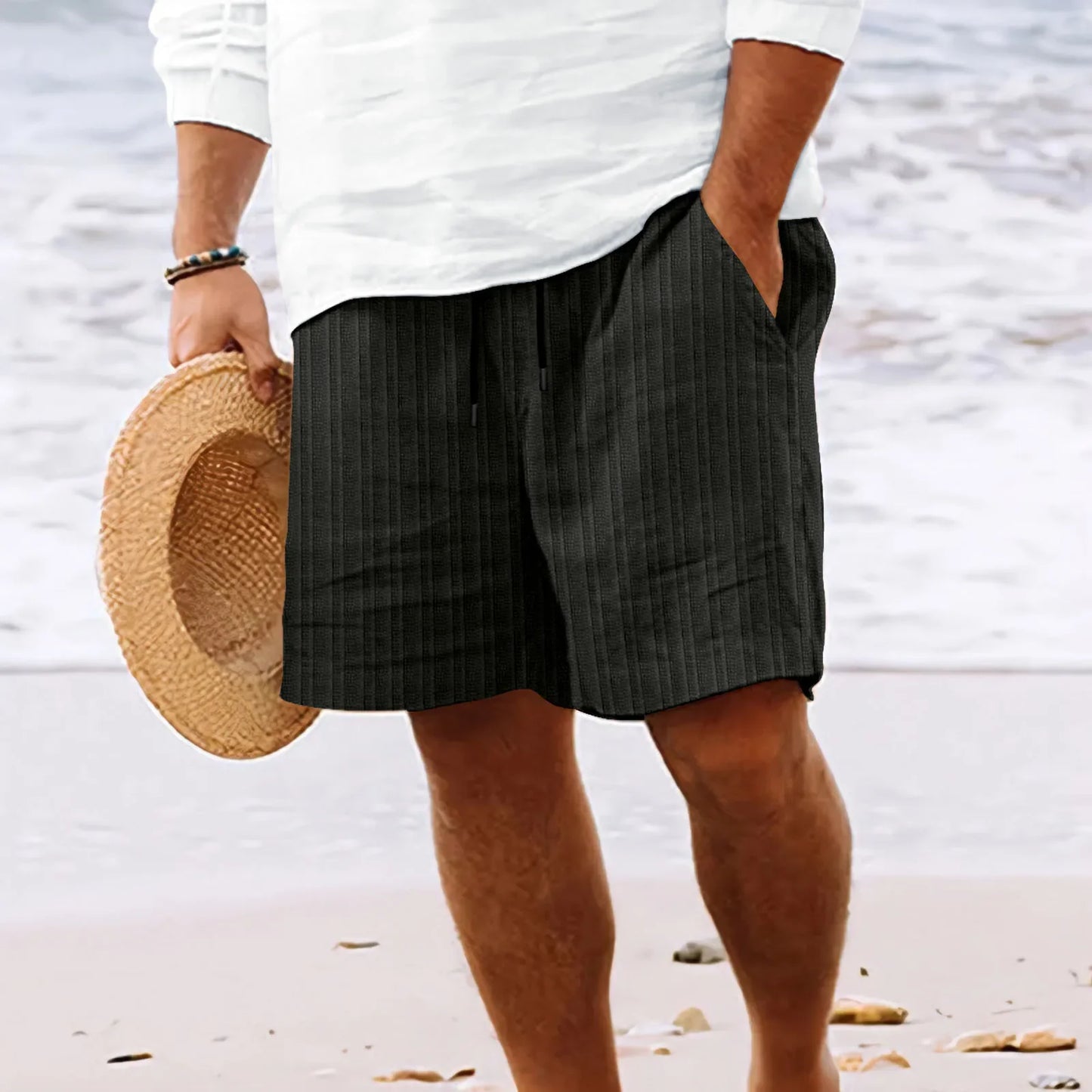 Men's Hawaiian Beach Style Striped Multi-Pocket Board Shorts