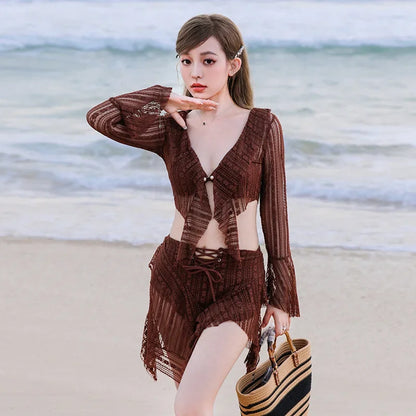 3-Piece Lace-Up Bikini Set with Long Sleeve Cover – Vintage European Beachwear