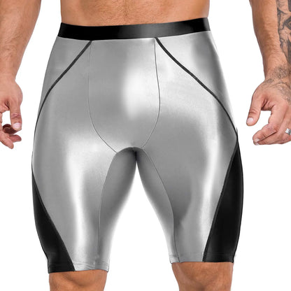 AMORESY Men's Casual Fitness Five-Quarter Shorts - Cycling & Wrestling Satin Glossy Pants