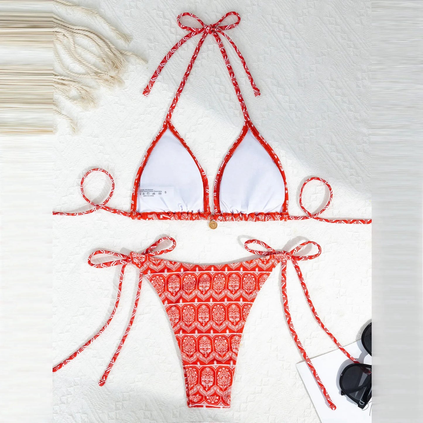 Boho Floral Bikini Set – Halter Neck, Low-Rise Bathing Suit for Women