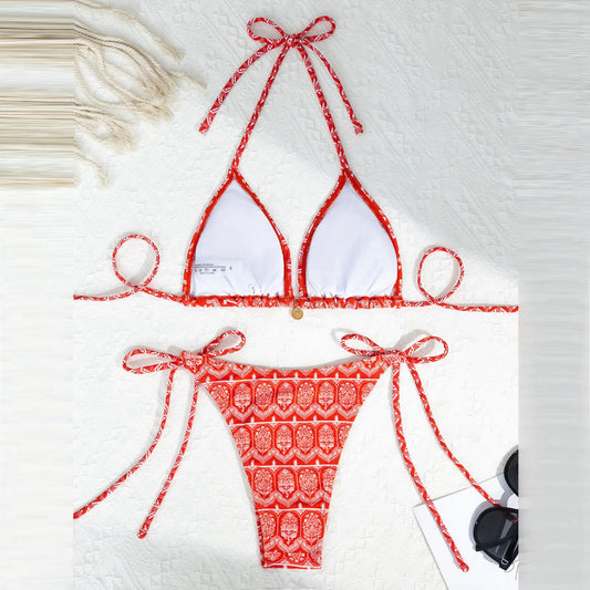 Boho Floral Bikini Set – Halter Neck, Low-Rise Bathing Suit for Women