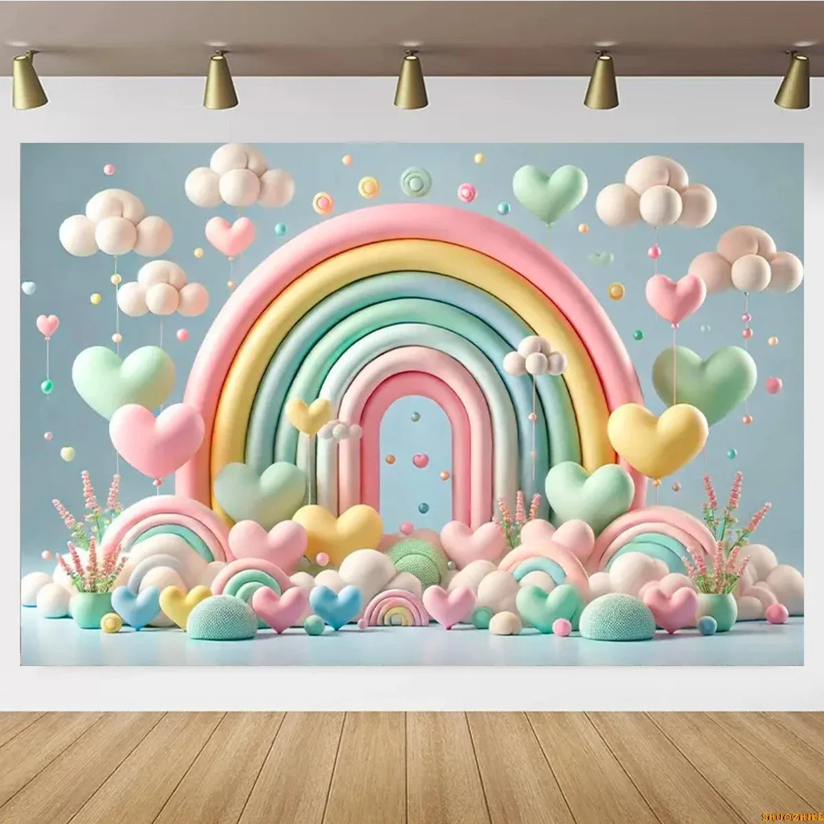 Pink Castle Birthday Backdrop – Rainbow Balloon Party Background for Girls' Photoshoots