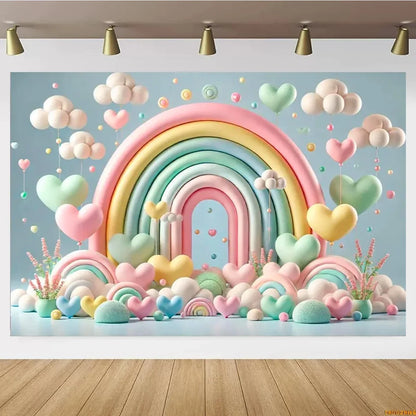 Pink Castle Birthday Backdrop – Rainbow Balloon Party Background for Girls' Photoshoots