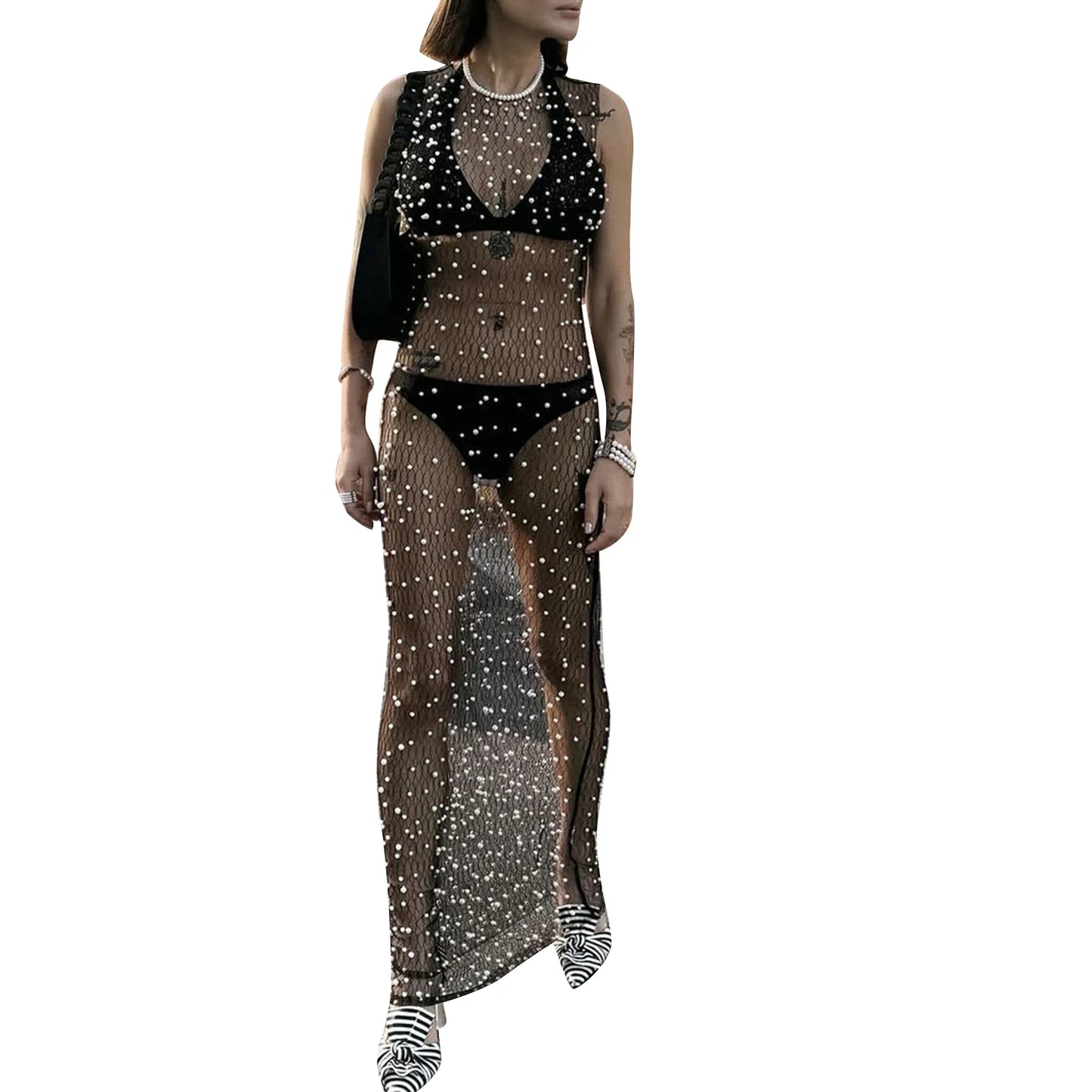 Women's Sheer Mesh Pearl Cover-Up Dress – Sleeveless, Long, Beachwear
