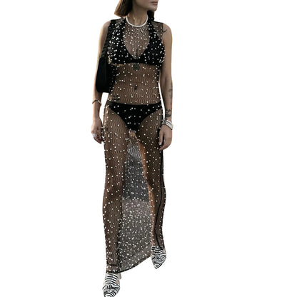Women's Sheer Mesh Pearl Cover-Up Dress – Sleeveless, Long, Beachwear
