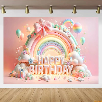Pink Castle Birthday Backdrop – Rainbow Balloon Party Background for Girls' Photoshoots